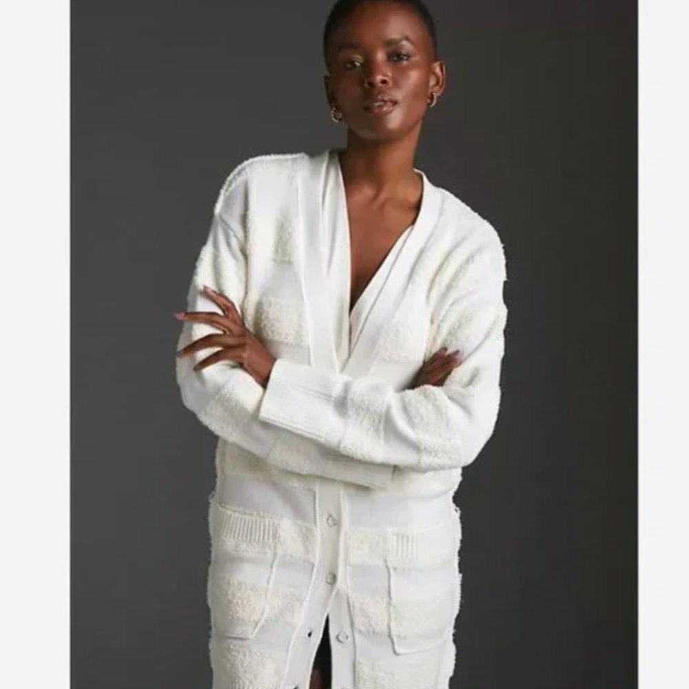 Anthropologie Daily Practice Striped Cardigan, white with Sherpa detail, S $10